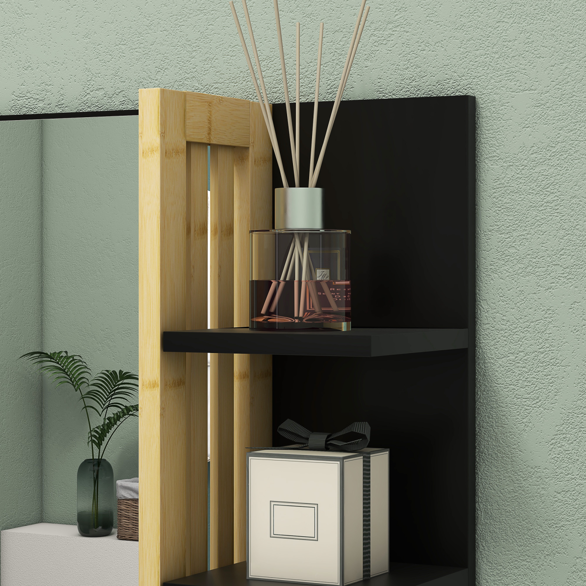 HOMCOM Bathroom Mirror Wall Mount Vanity Mirror with 4 Storage Shelves, Black
