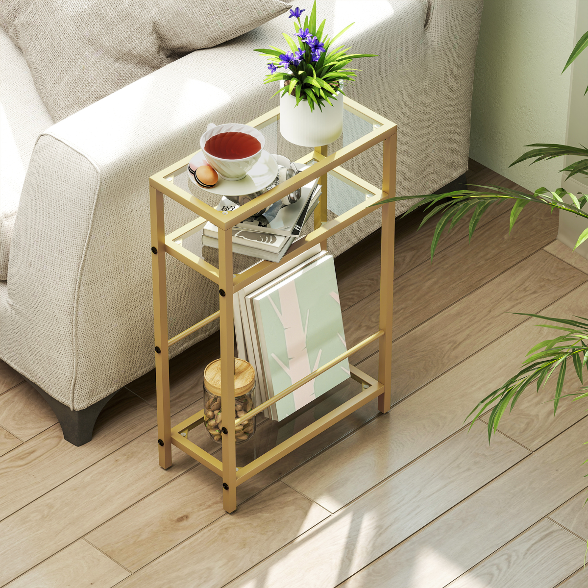 HOMCOM Slim Side Table, End Table with Tempered Glass Tabletop, Gold