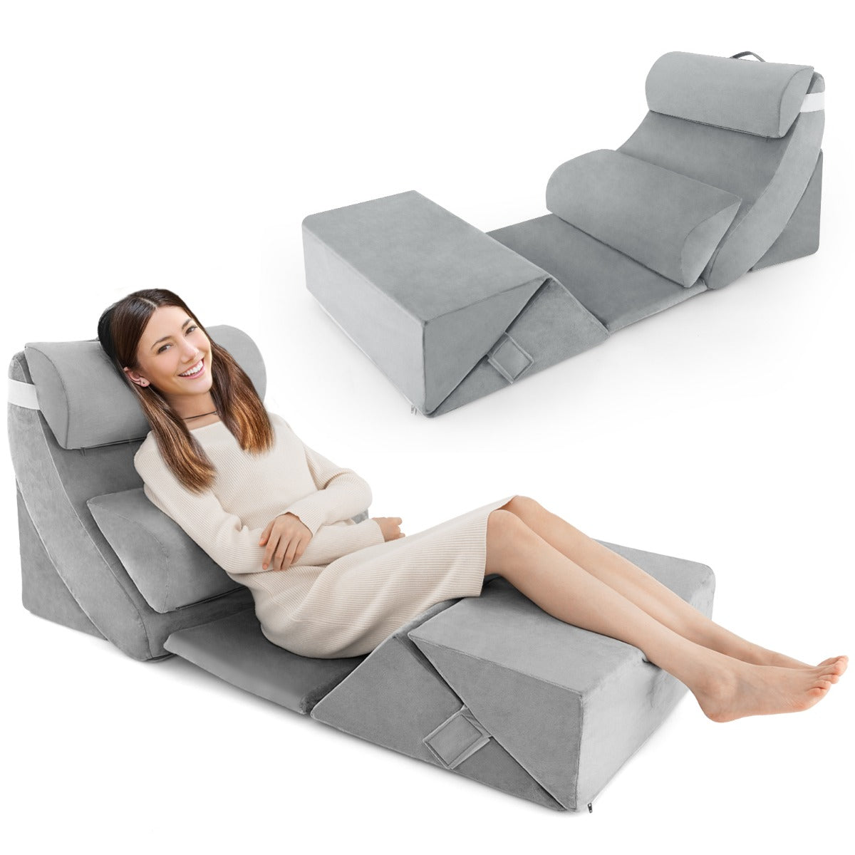 7 PCS Adjustable Support Pillow Set Bed Wedge Pillows with Memory Foam-Grey