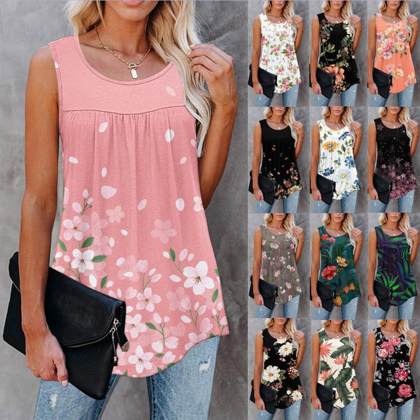 Flower Print Sleeveless Pleated Casual Loose Vest T-shirt Women's Clothing