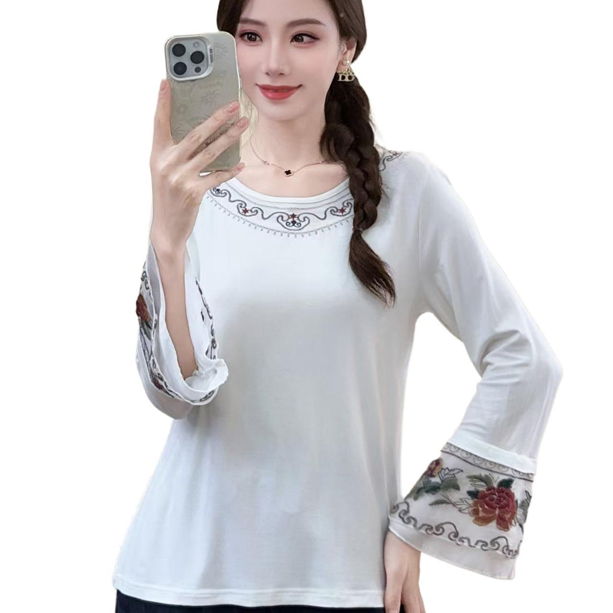 Chinese Style Embroidery Cropped Flare Sleeve Women's Base Shirt