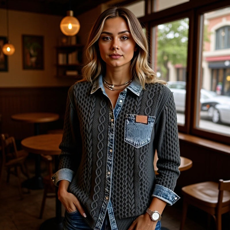 Women's Knit & Denim Patchwork Shirt | Loose Fit Casual Top