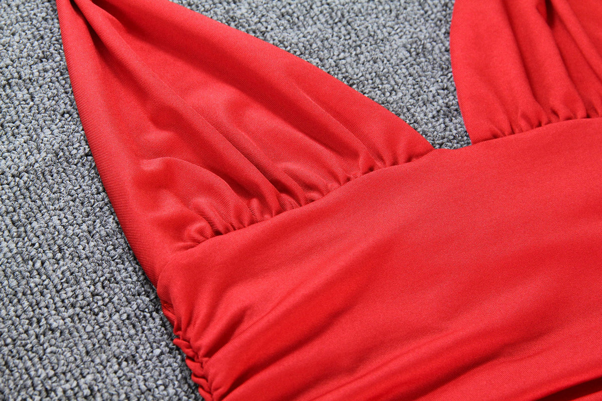 Deep V-neck Halterneck Strapless Backless Pleated Dress