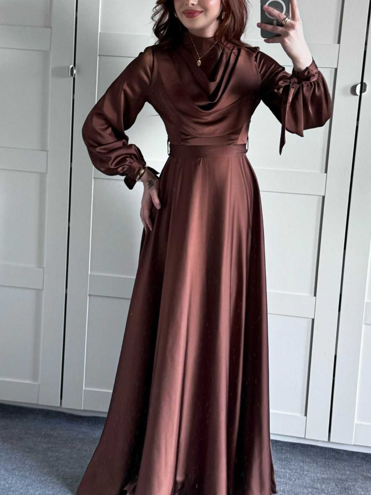 Satin Plunge Neck Long Sleeve Maxi Dress | Evening Gown