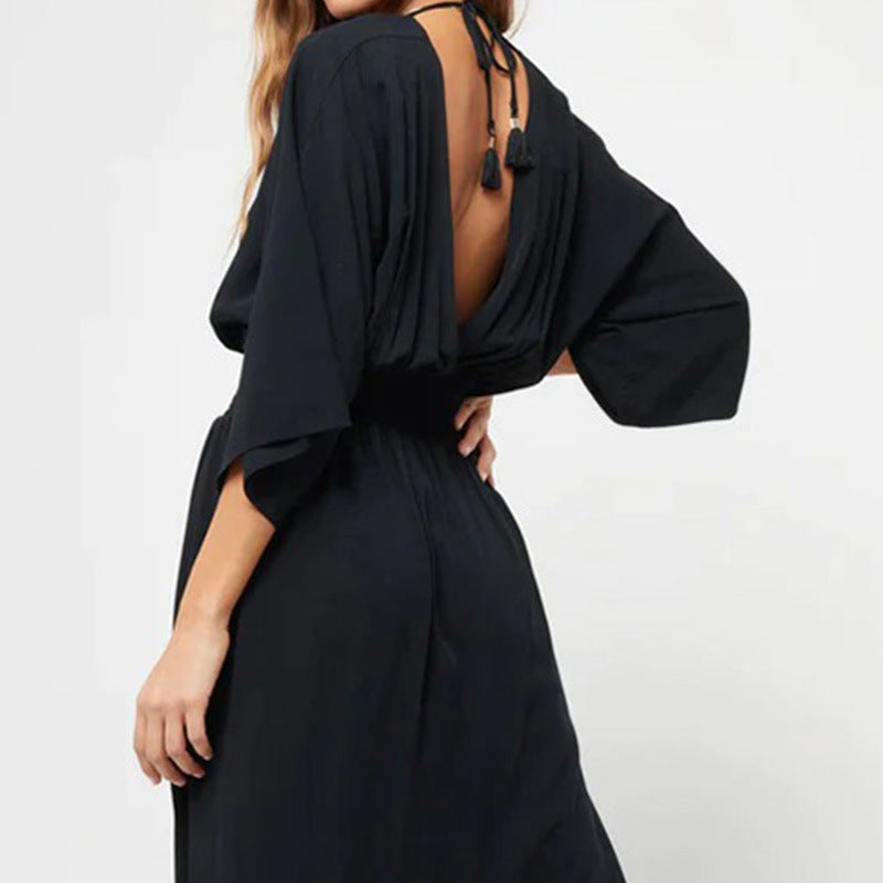 V-neck Low-cut Backless 34 Sleeve Dress