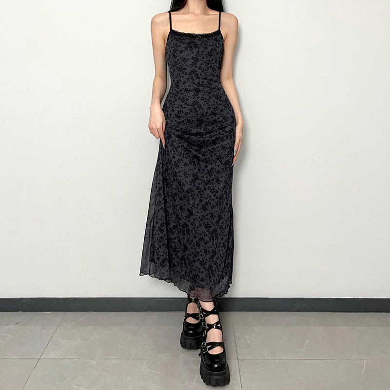 Dark Black Retro Floral Mesh Patchwork Dress