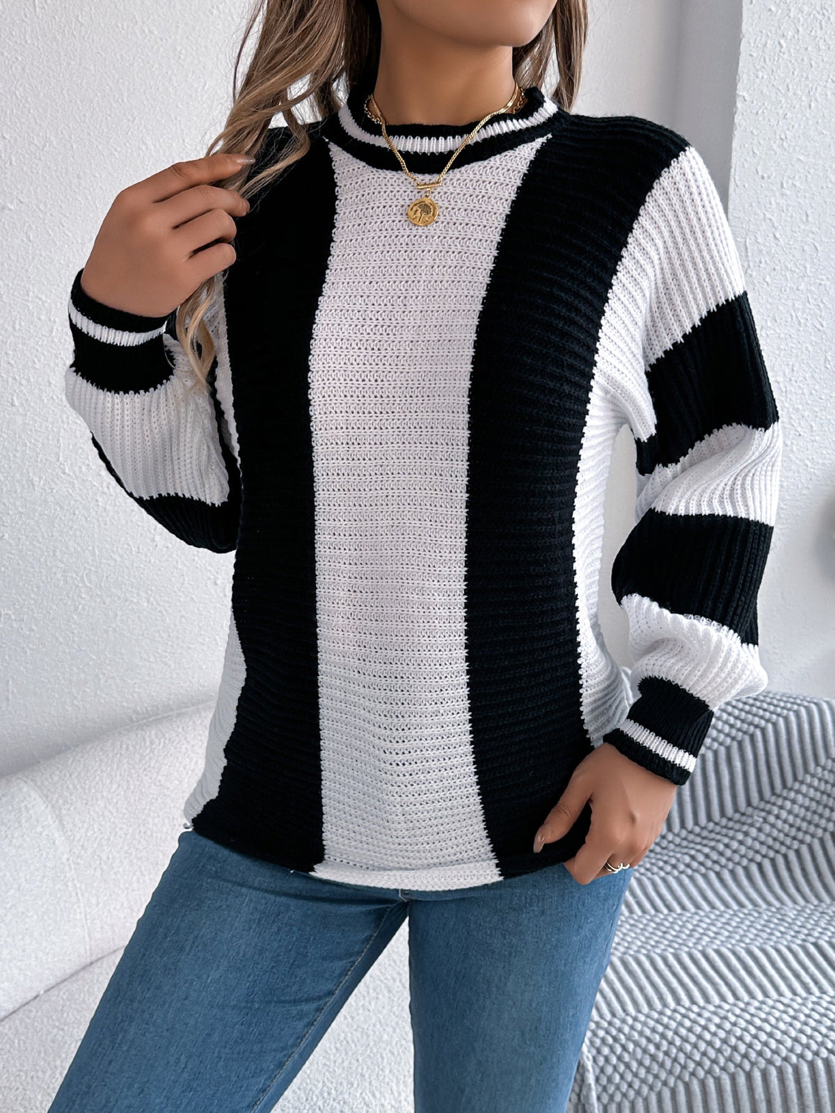 Women Casual Color Block Stripe Lantern Sleeve Pullover Sweater