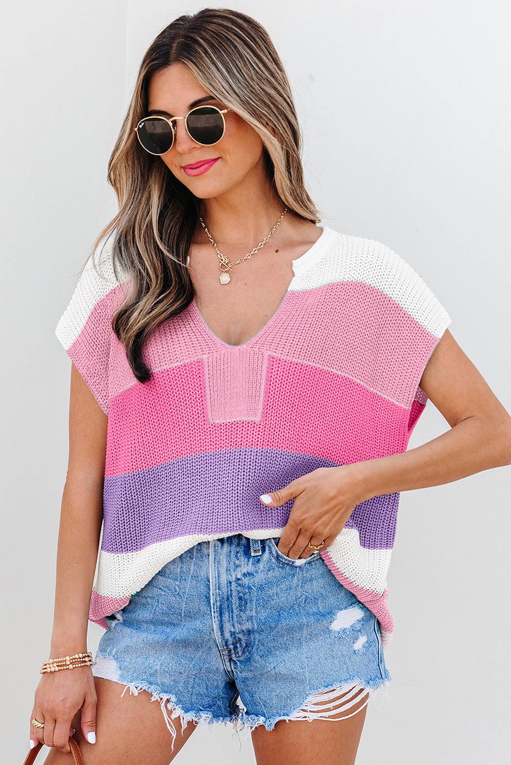 Pink Color Block Notch V Neck Sweater T Shirt