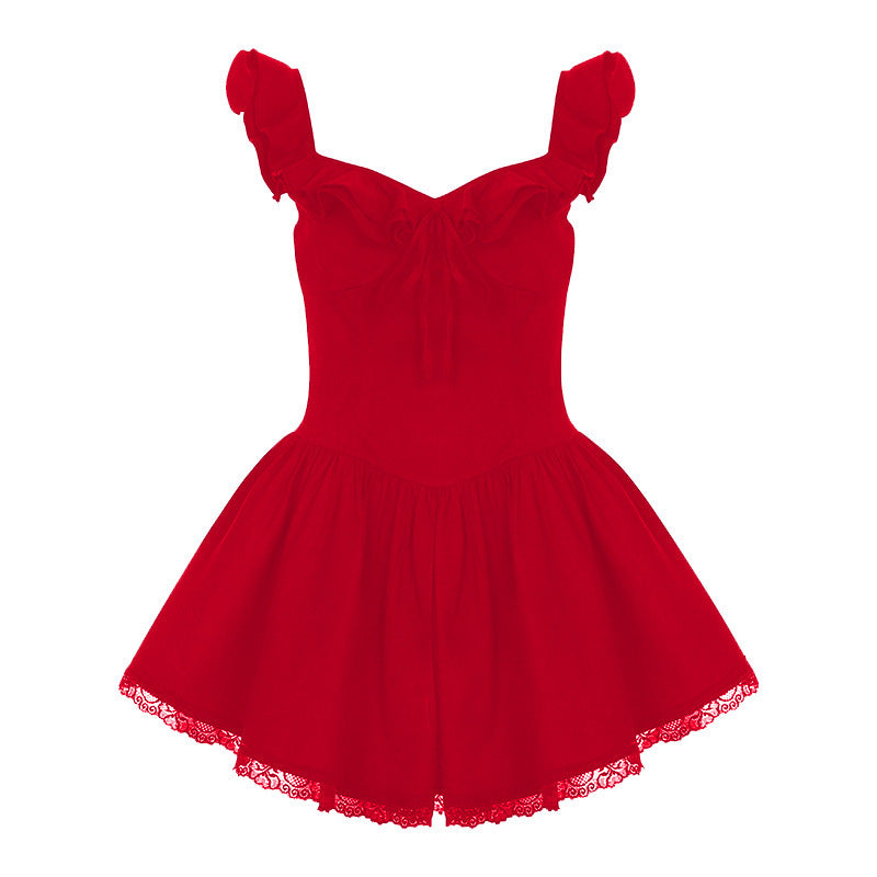 Lace Edge Stitching Depth V-neck Lace-up Dress