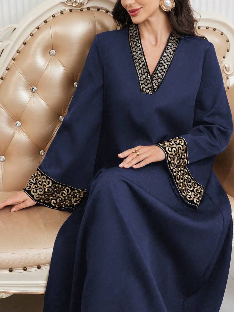 Embroidered Trim Patchwork V-neck Waist Flared Dress