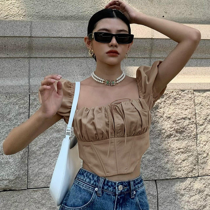 Patchwork Top Backless Zipper Pleated Short Sleeves