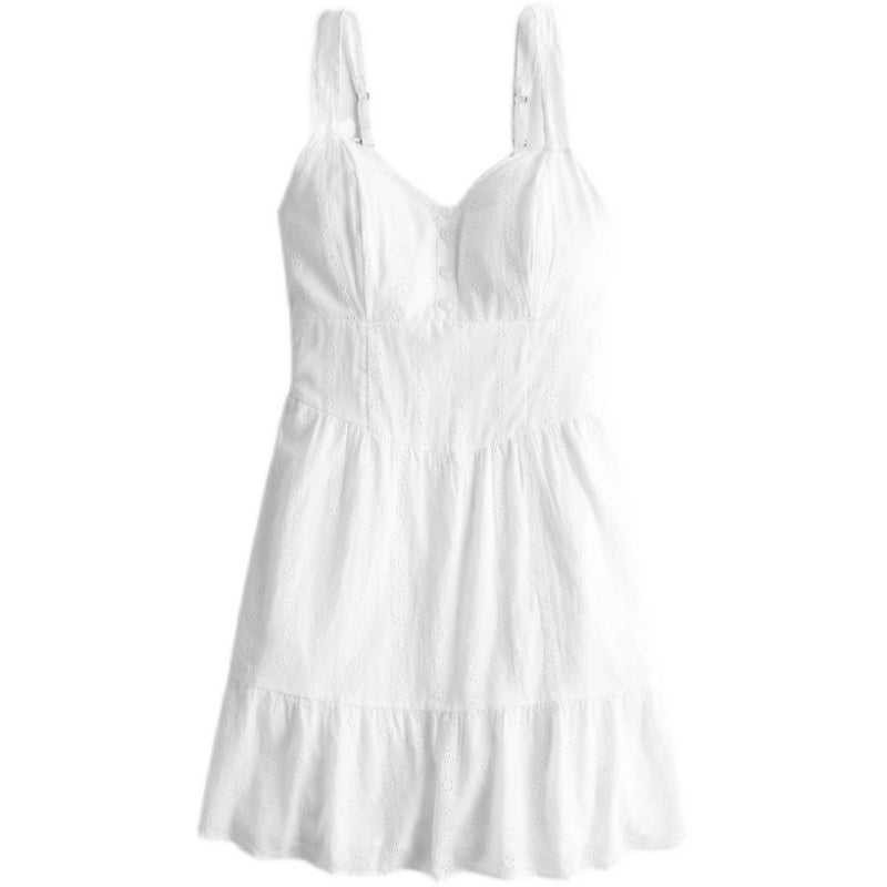 Women's Summer White Fishbone Suspender Dress
