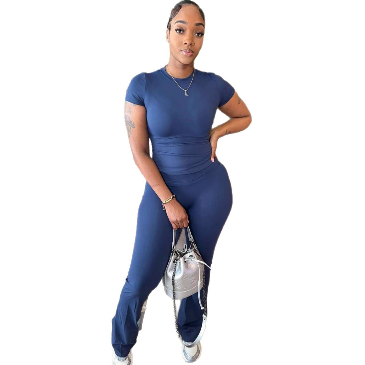 Fashionable Solid-Color Slim-Fit Stretchy Versatile Short-Sleeve Top And Pants Set