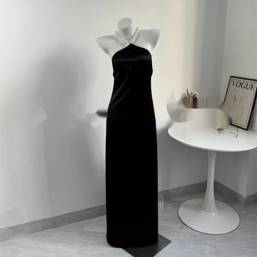 French Sexy Black Premium Halter Backless Dress Birthday Party