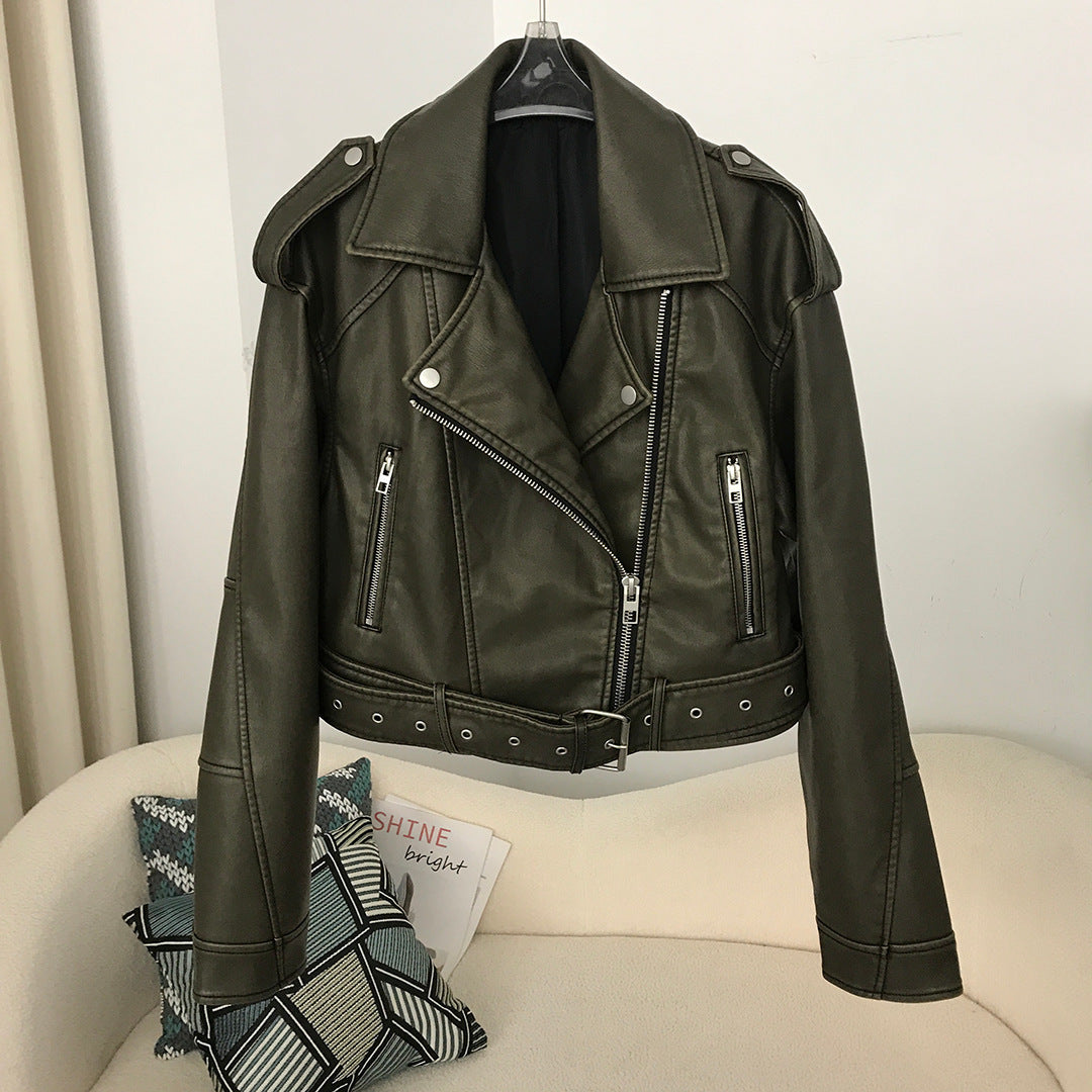 Women's Spring And Autumn Lapel Short Fashionable Casual Figure Flattering Leather Coat