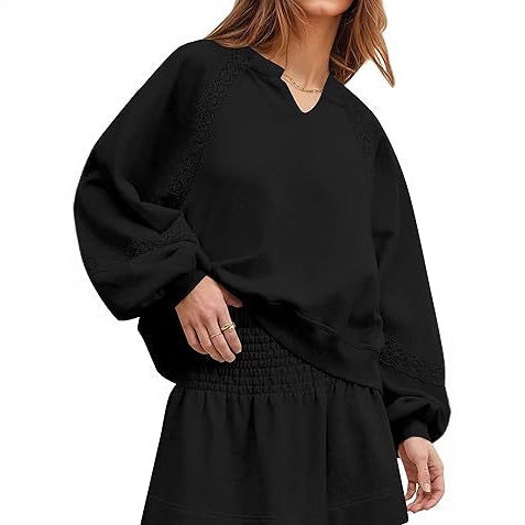 Women's Casual Lace Lantern Long Sleeve Solid Color Loose Top