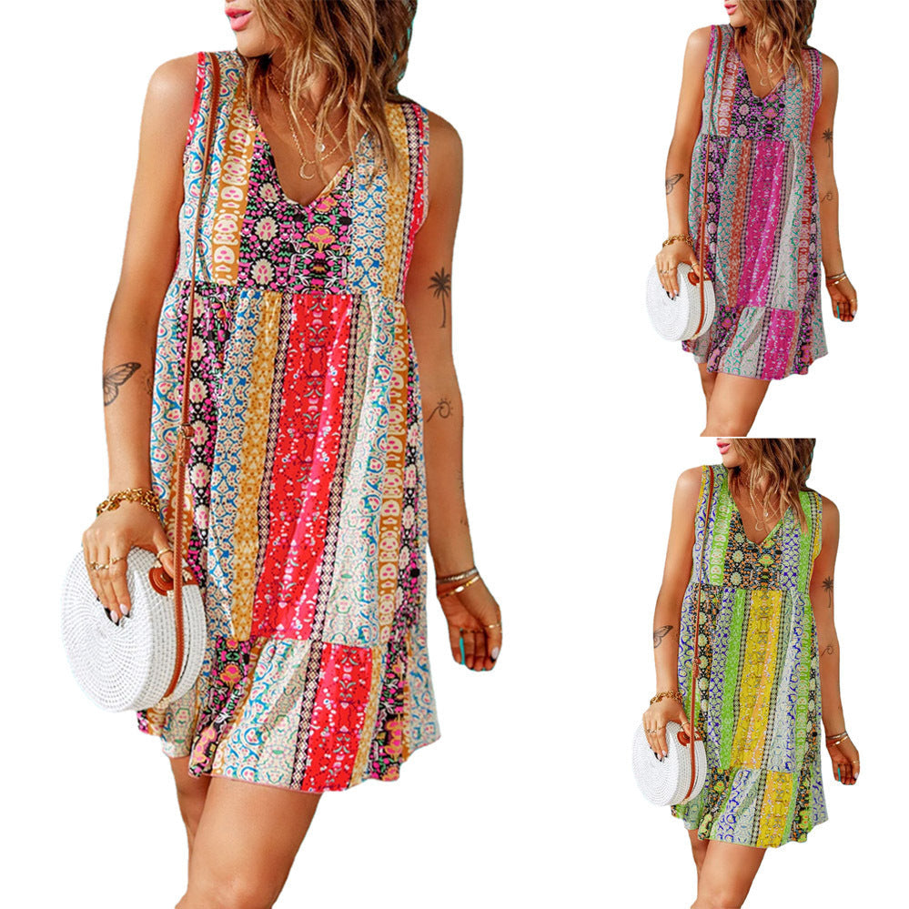 Floral Patchwork Ruffled V-neck Sleeveless Mini Dress