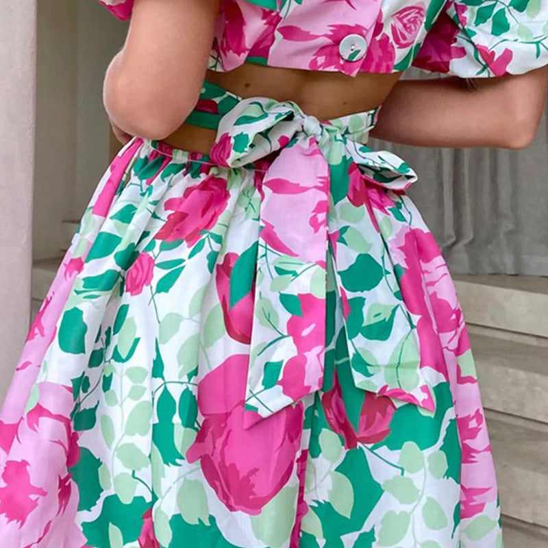 Women's V-Neck Cutout Backless Lantern Sleeve Dress
