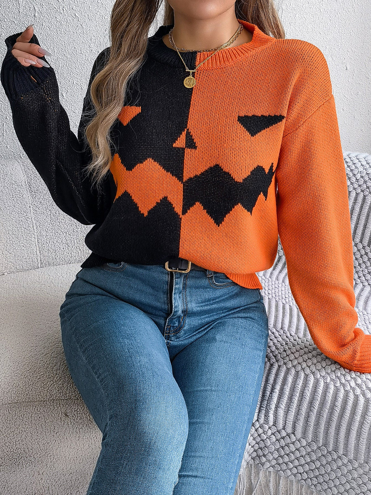 Women Ghost Pumpkin Color Block Long Sleeve Pullover Sweater