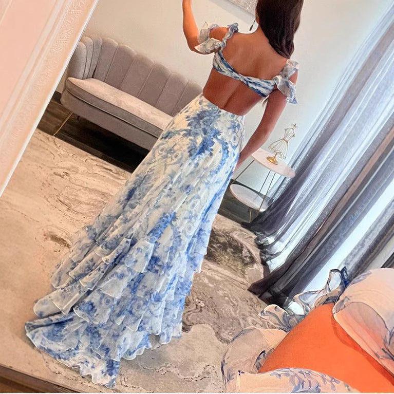 Sexy V-neck Backless Ruffled High Slit Sling Dress