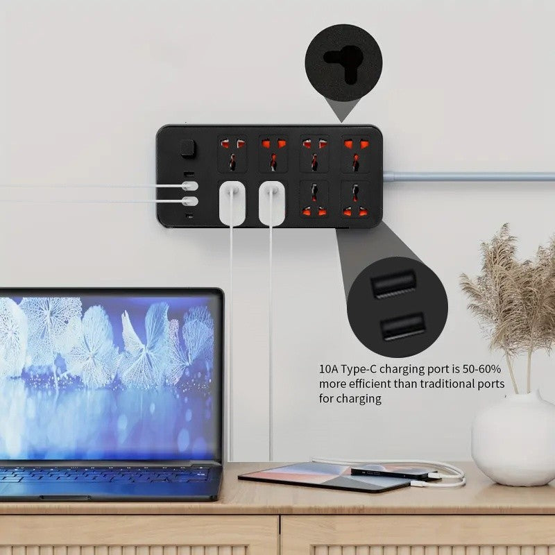 8 Gang Extension Lead with 3 USB & Type-C Fast Charging Power Plug Socket Slots