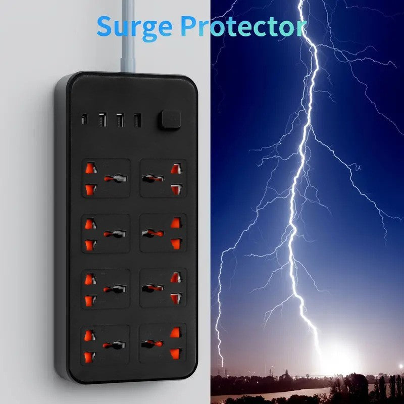 8 Gang Extension Lead with 3 USB & Type-C Fast Charging Power Plug Socket Slots