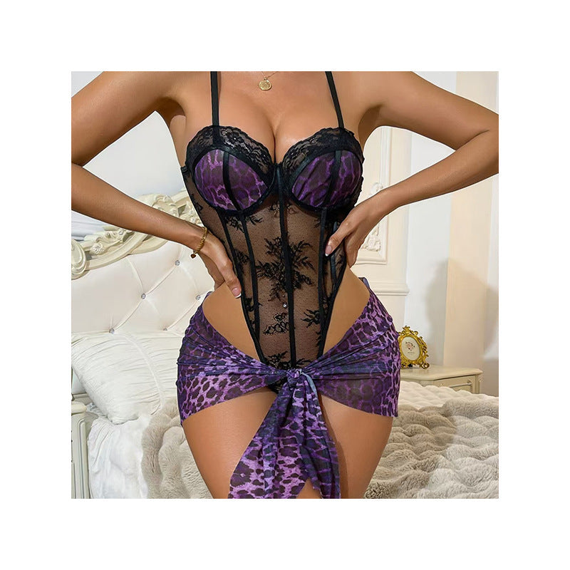 Strapless Leopard-Print Lace Push-Up One-Piece Nightgown Set