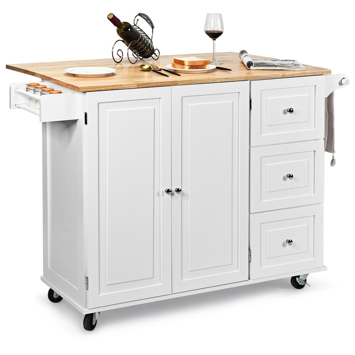 Kitchen Island Trolley with 3 Drawers and 2-door Cabinet-Brown