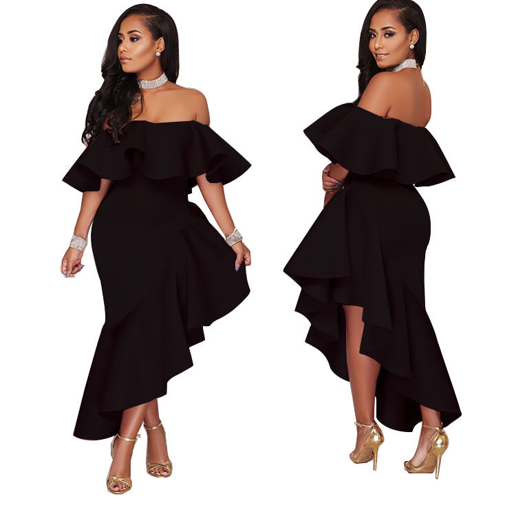 One-line Neck Ruffled Backless Ladies Dress Dress Long Skirt