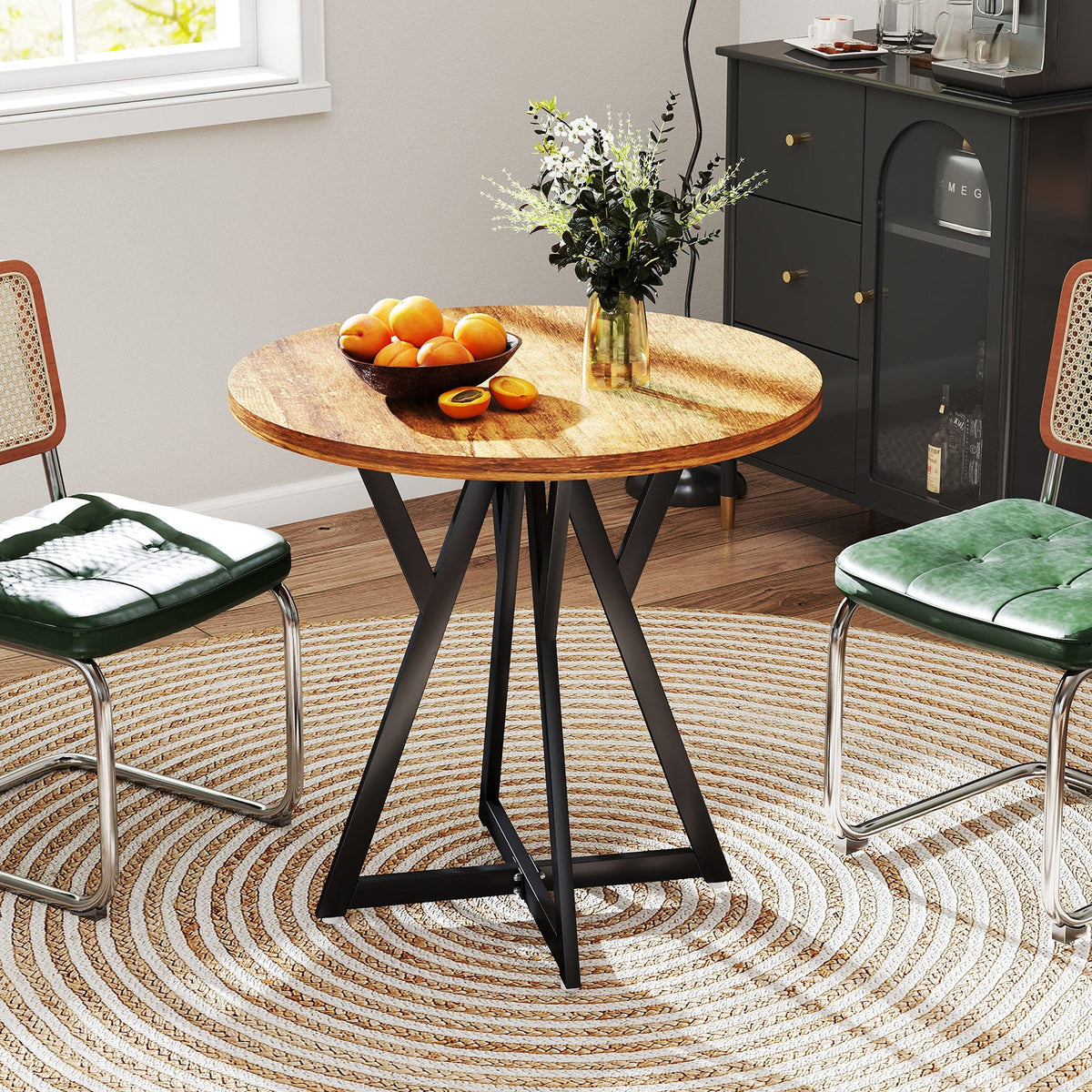 80cm Round Dining Table with Metal Pedestal Base and Adjustable Foot Pads-Natural
