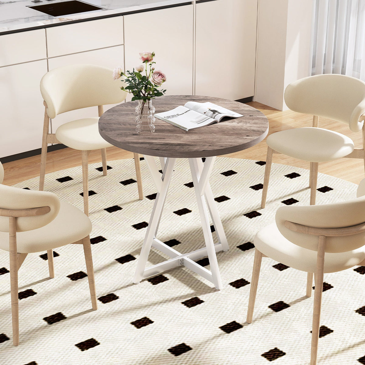 80cm Round Dining Table with Metal Pedestal Base and Adjustable Foot Pads-Natural