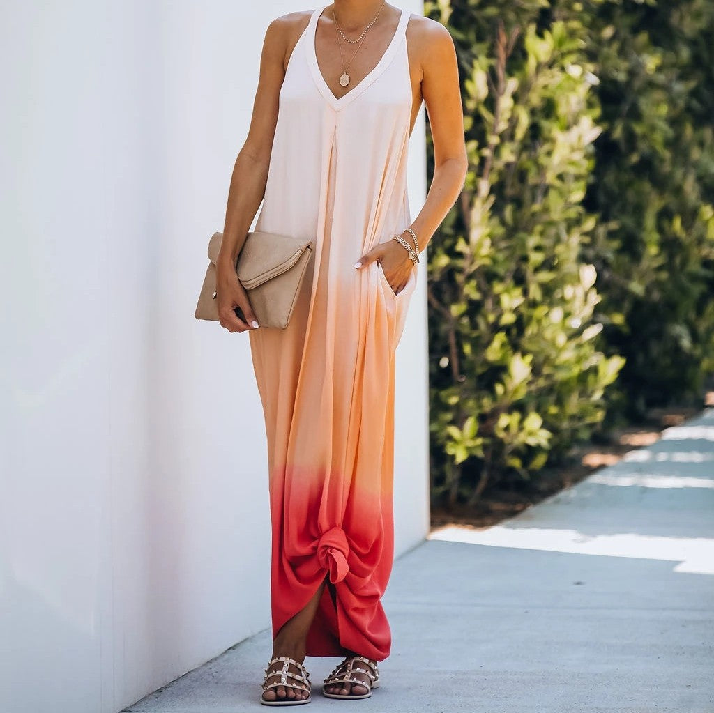 Tie-dye Coral Patchwork Halter Neck Dress