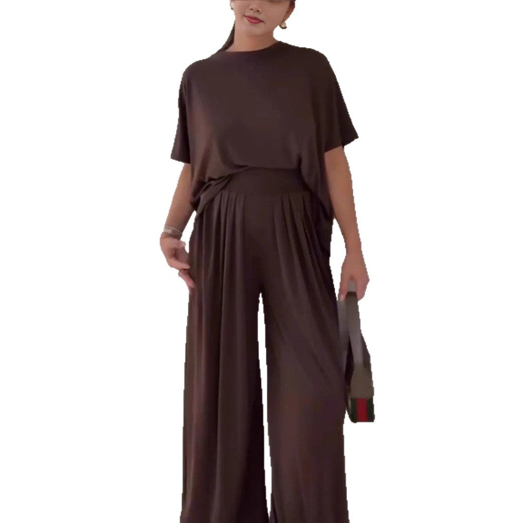Solid Color Casual Loose Round Neck Wide Leg Pants Women's Suit