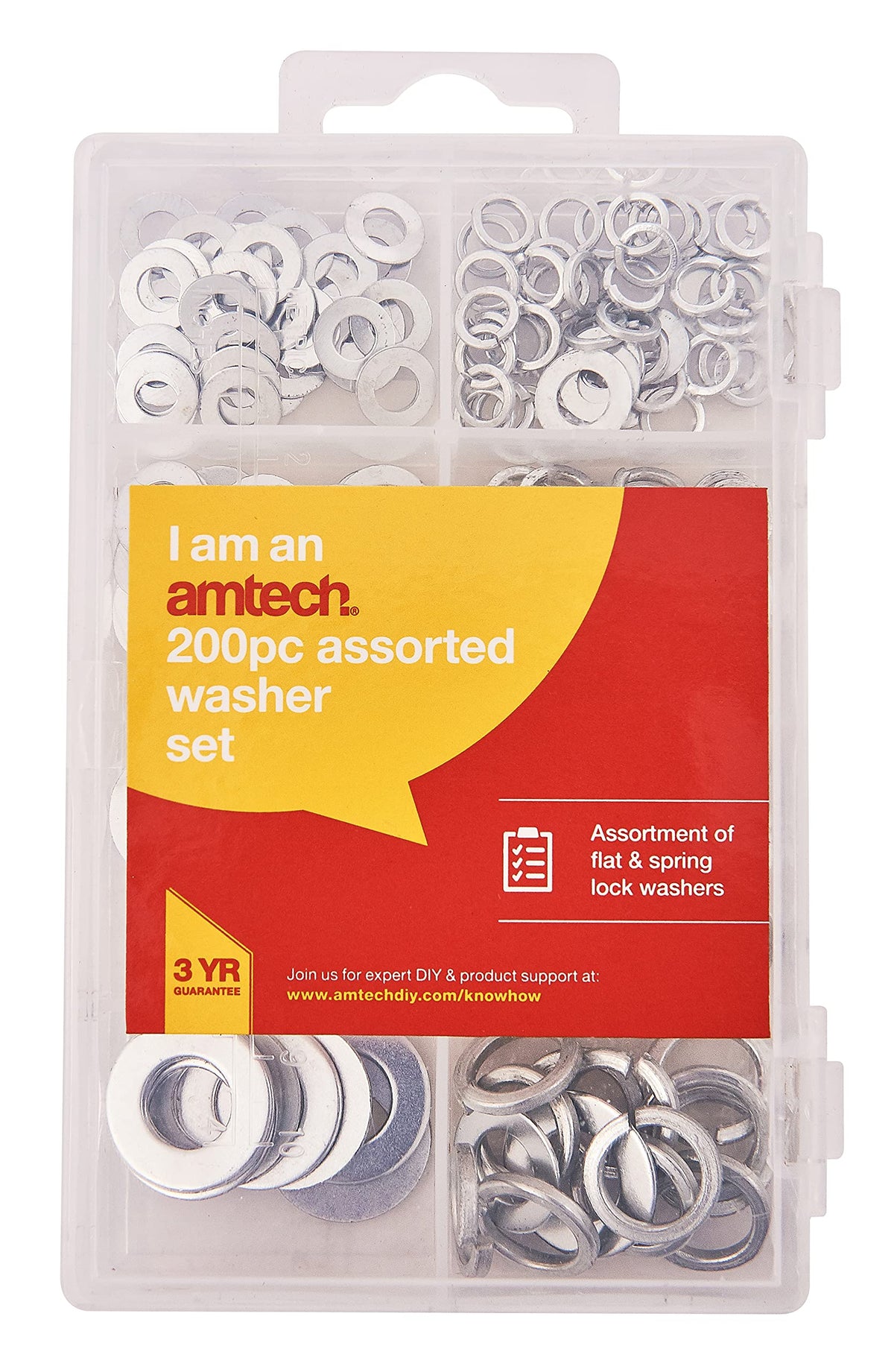 Amtech S5850 Assorted Washers, 200 Pieces Include Flat Washers and Lock Washers, M5, M6, M8, M10, plus Storage