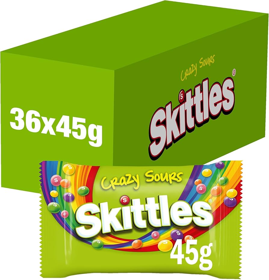 36 x Skittles Caramelos Masticables Veganos Sabor Frutas Agrias Locas Bolsa 45G