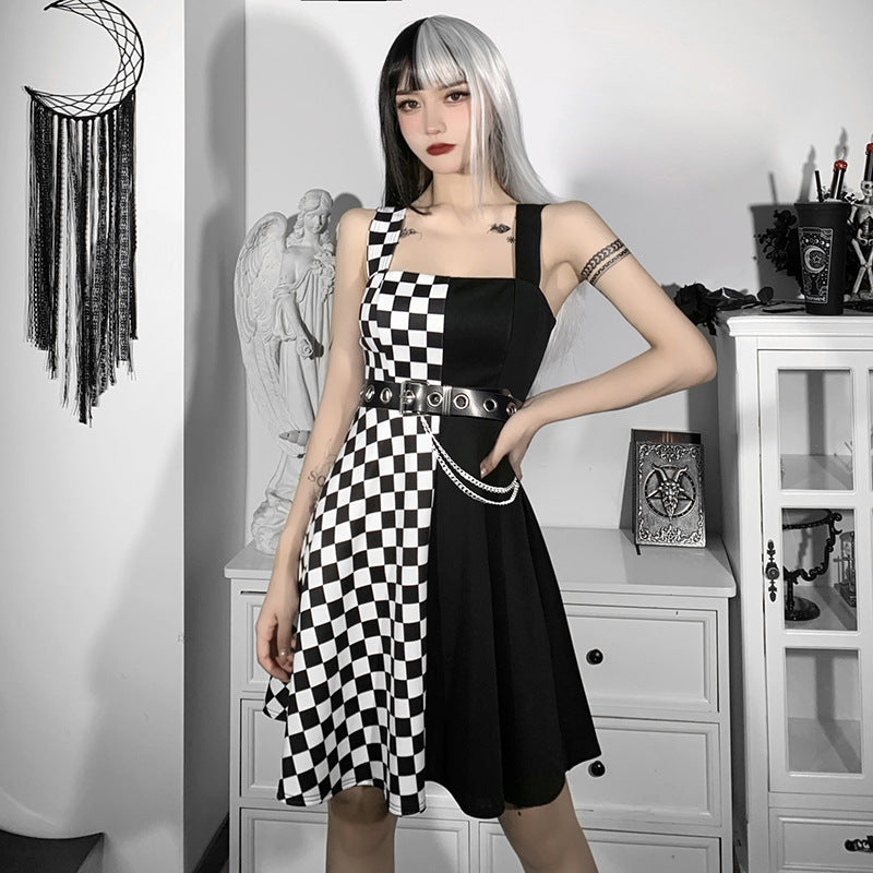 Black And White Plaid Contrast Stitching Strap Dress Female Summer