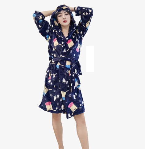 Flannel Hooded Loungewear Robe, Printed Cartoon Bathrobe