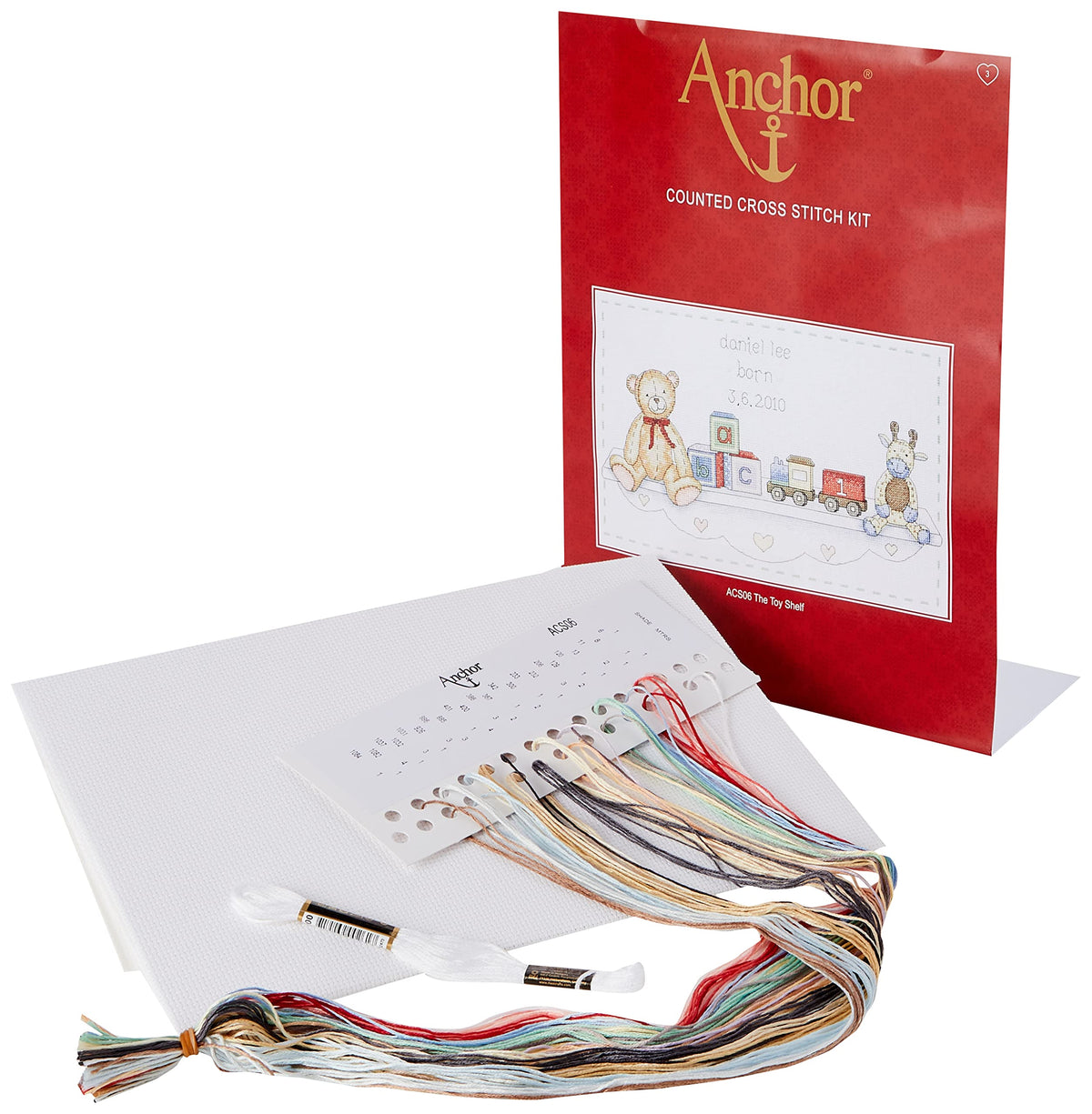 Anchor ACS06 Counted Cross Stitch Kit: Birth Record: The Toy Shelf, Multi-Colour, 20 x 33cm