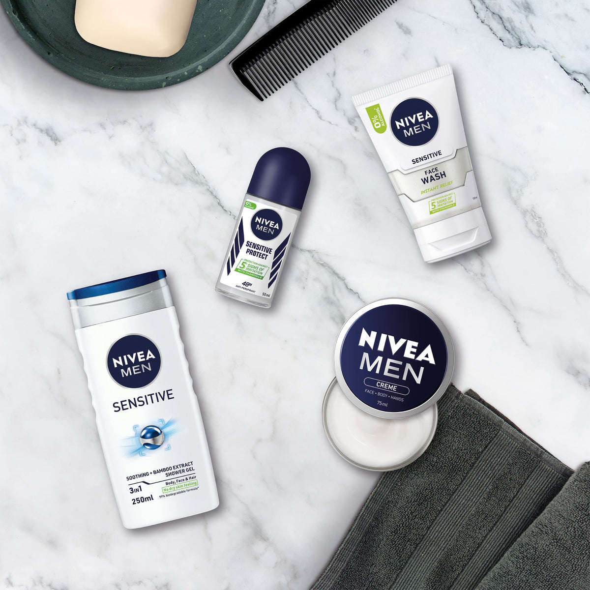 NIVEA MEN Set To Go Wash Kit Gift Set (5 Pieces), Men's Gift Set Includes Shower Gel, Face Wash, Anti-Perspirant Roll-On, Moisturising Cream and Hanging Wash Bag