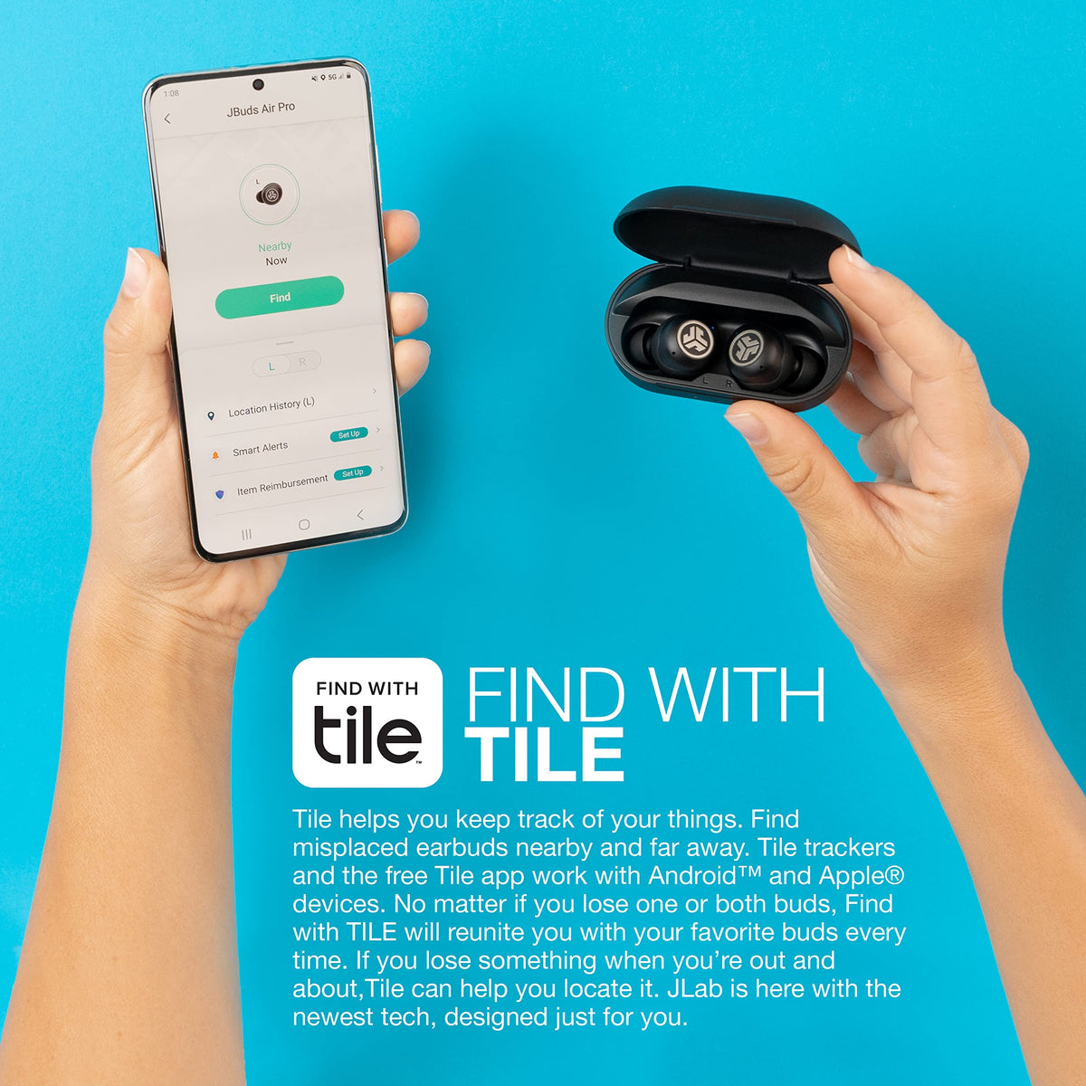 JLab JBuds Air Pro True Wireless Earbuds, In Ear Headphones with Tile Tracker Built-in, Ear Buds with 36H Playtime, Bluetooth Earbuds with Microphone, USB Charging Case, Dual Connect, EQ3 Sound