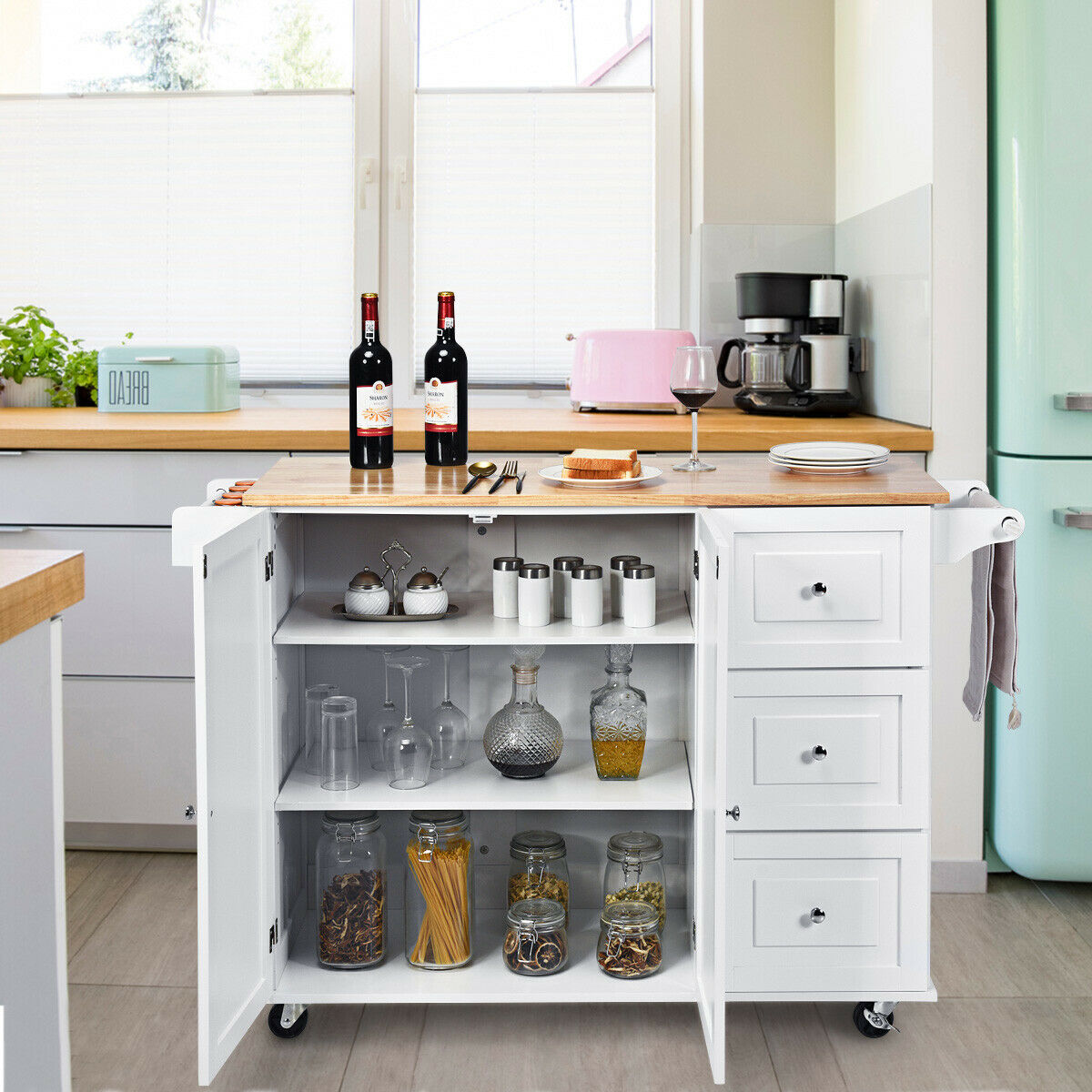 Kitchen Island Trolley with 3 Drawers and 2-door Cabinet-Brown