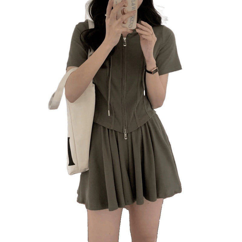 Stylish Commuter Design Hooded Two-Zipper Short-Sleeve Culotte Two-Piece Set