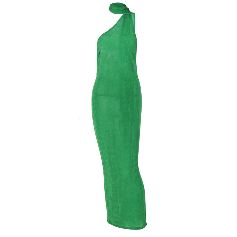 Solid Color Lace Up Neck   Backless Slim Fit Dress