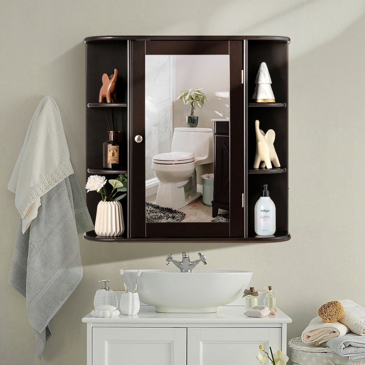 3-Tier Mirrored Wall Mounted Bathroom Cabinet-Grey