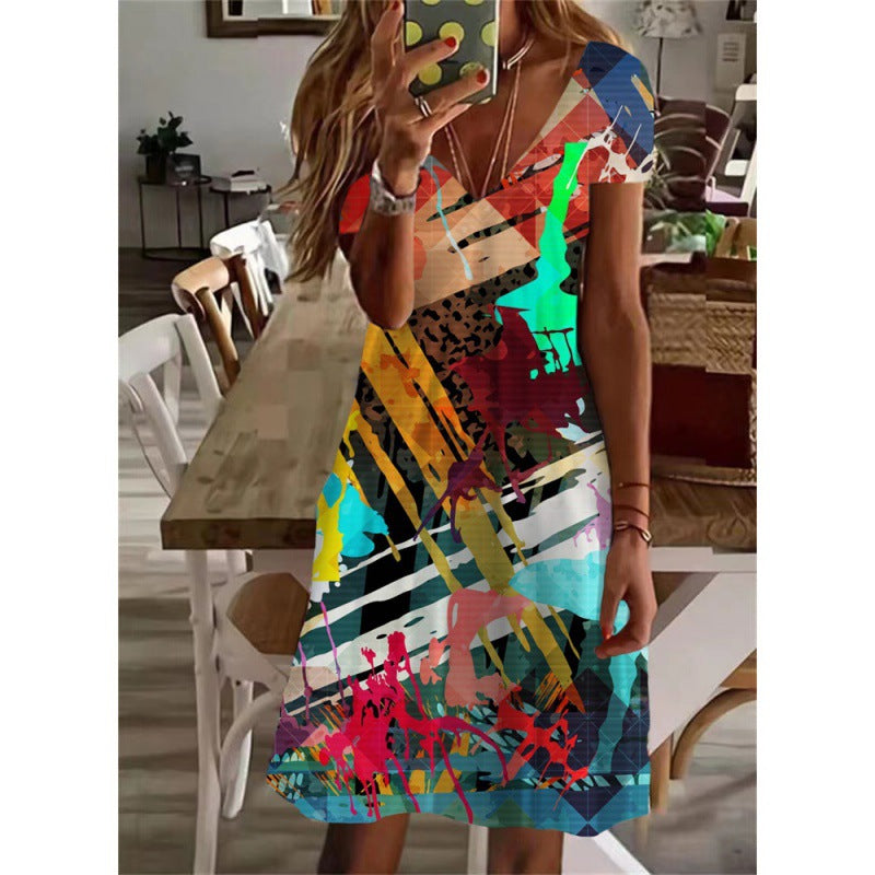 Summer V-neck Short Sleeve Women Dress