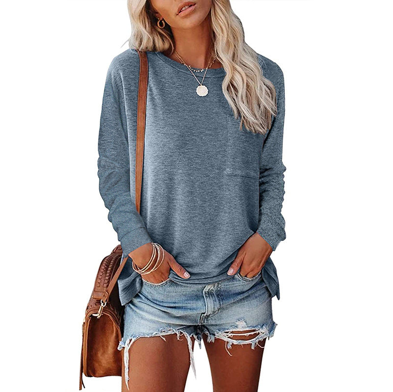 Women's Pocket Split Long Sleeve T-Shirt | Casual Round Neck Layering Top