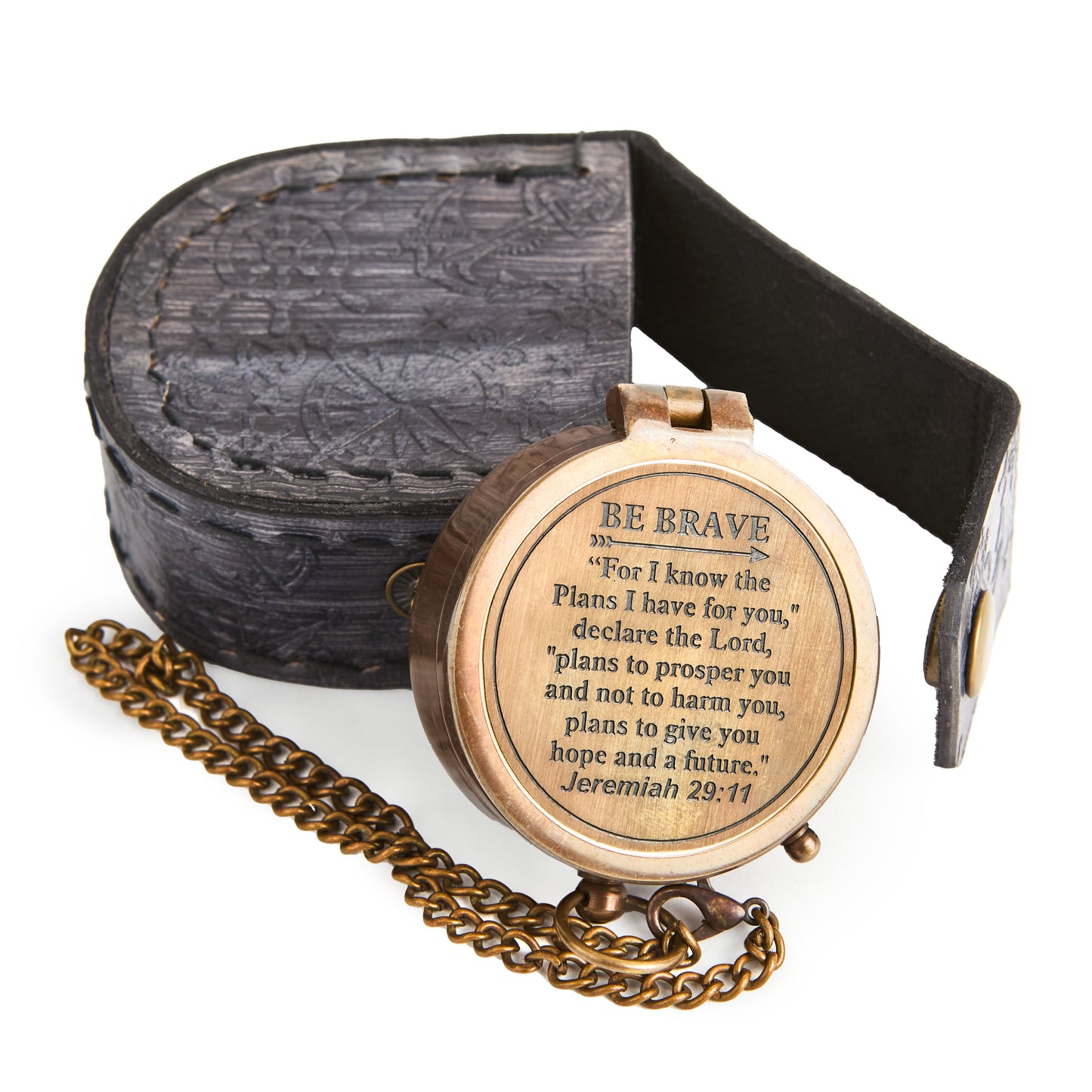Vintage Brass Pocket Compass with Leather Pouch - Jeremiah 29:11 Engraved