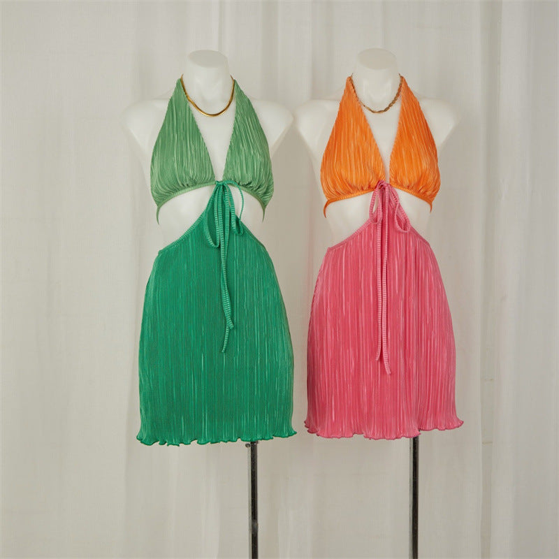 Summer V-neck Backless Pleated Dress Women's New Halter Lace-up Cutout Skirt