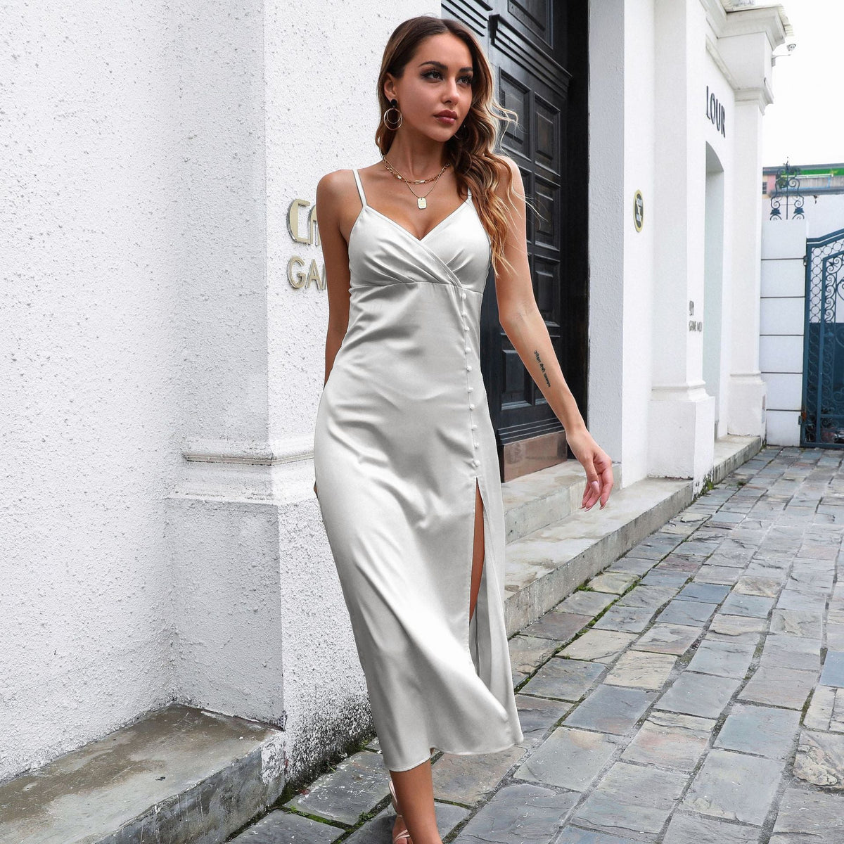Women's Breasted Satin V-neck Backless Midi Dress