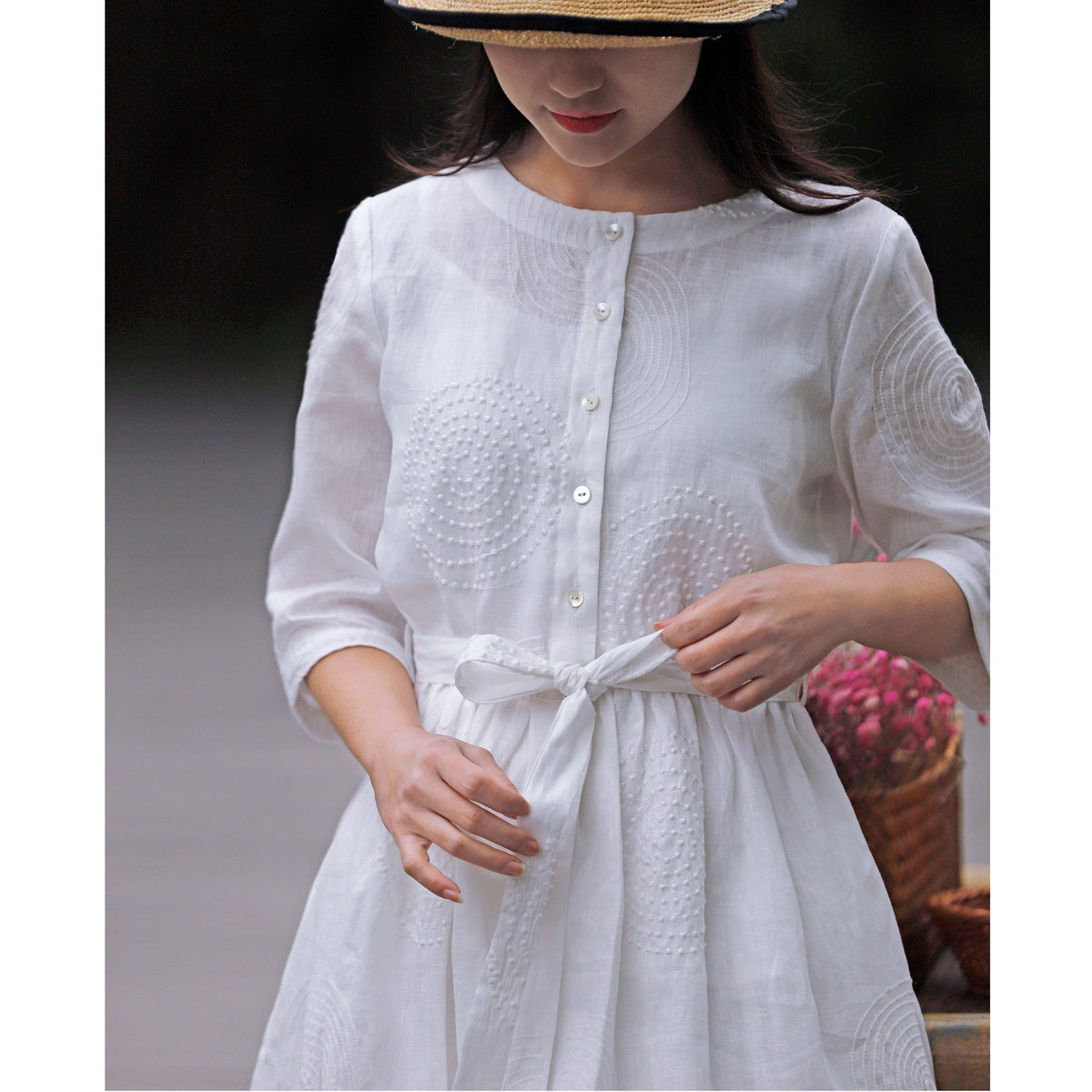 Spring And Summer Literary Leisure Round Neck Linen Embroidered Dress Women